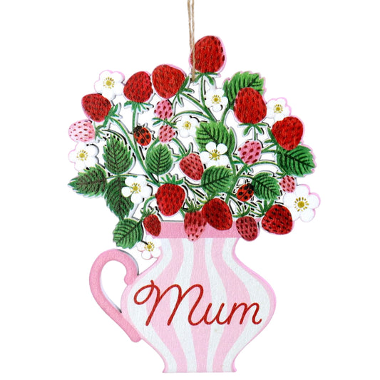 Mum | Strawberries in a Vase | Hanging Wooden Decoration