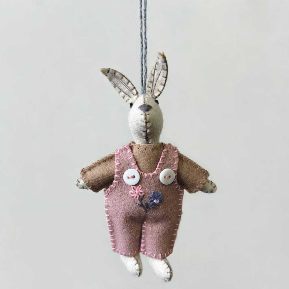 Little Rabbit in Dusky Pink Dungarees | Felt Hanging Easter Ornament | 12cm Tall