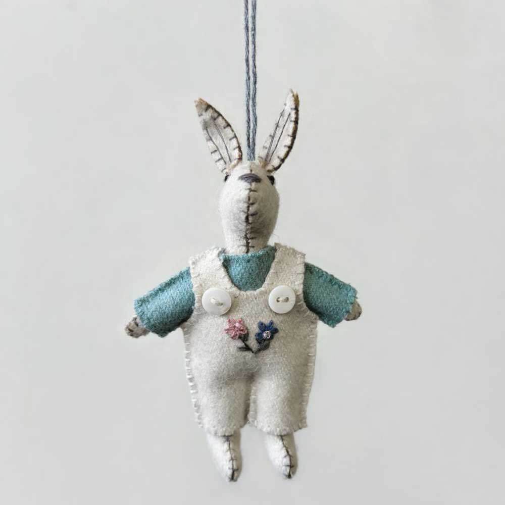 Little Rabbit in Natural White Dungarees | Felt Hanging Easter Ornament | 12cm Tall