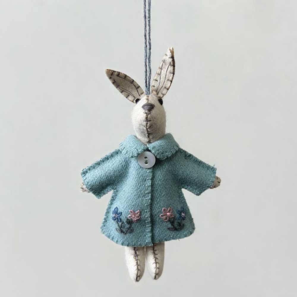 Little Rabbit in Natural Blue Jacket | Felt Hanging Easter Ornament | 12cm Tall