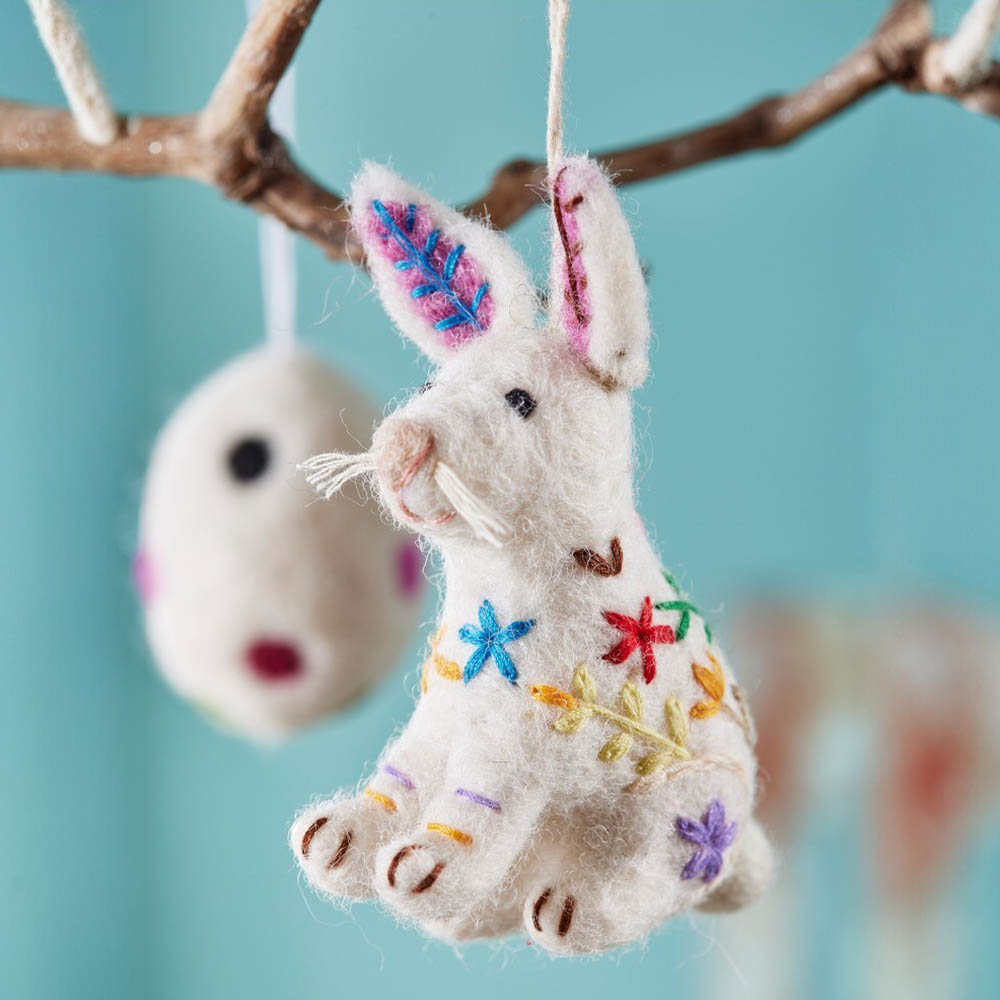 Easter Bunny | Felt Embroidered Hanging Ornament | Fair Trade | 8cm Tall