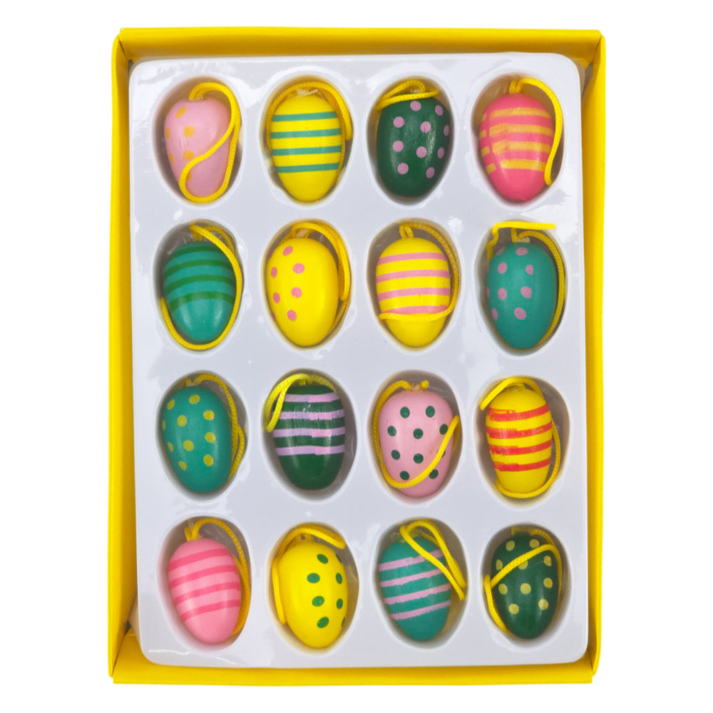 Cute Mini Wooden Easter Egg Ornaments | Set of 16 | 1.8cm Tall | Gisela Graham