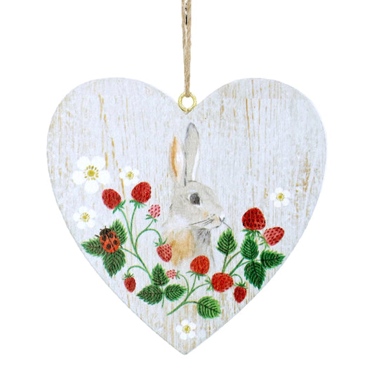 Whitewashed Wooden Heart | Strawberries & Easter Bunny Design | Hanging Ornament