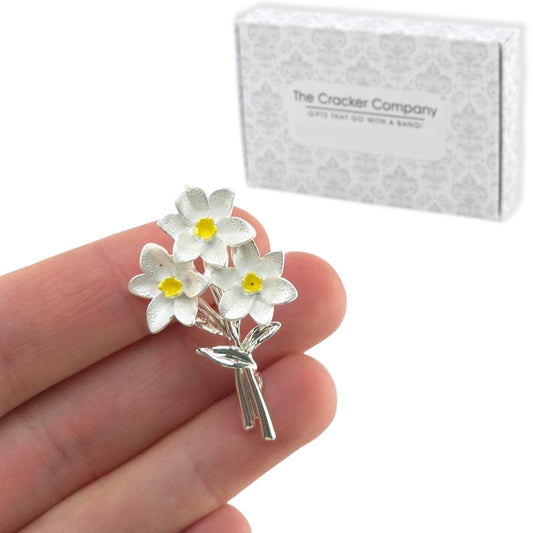 Pretty White Daffodil Brooch | Silver Plated | Ladies Gift | Cracker Filler
