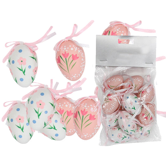 12 4cm Pink and White Hanging Plastic Eggs for Easter Trees