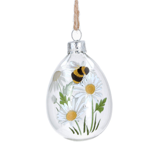 Single 7cm Glass Spring Bees and Daisies Egg Bauble for Easter Tree Decoration