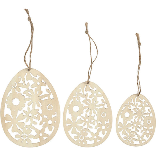 3 Hanging Natural Wooden Flower Design Egg Decorations - Use Plain or Decorate